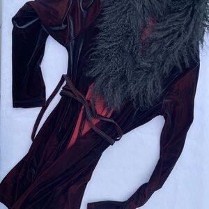 Deep Red Velvet Cardigan with Faux Fur Trim